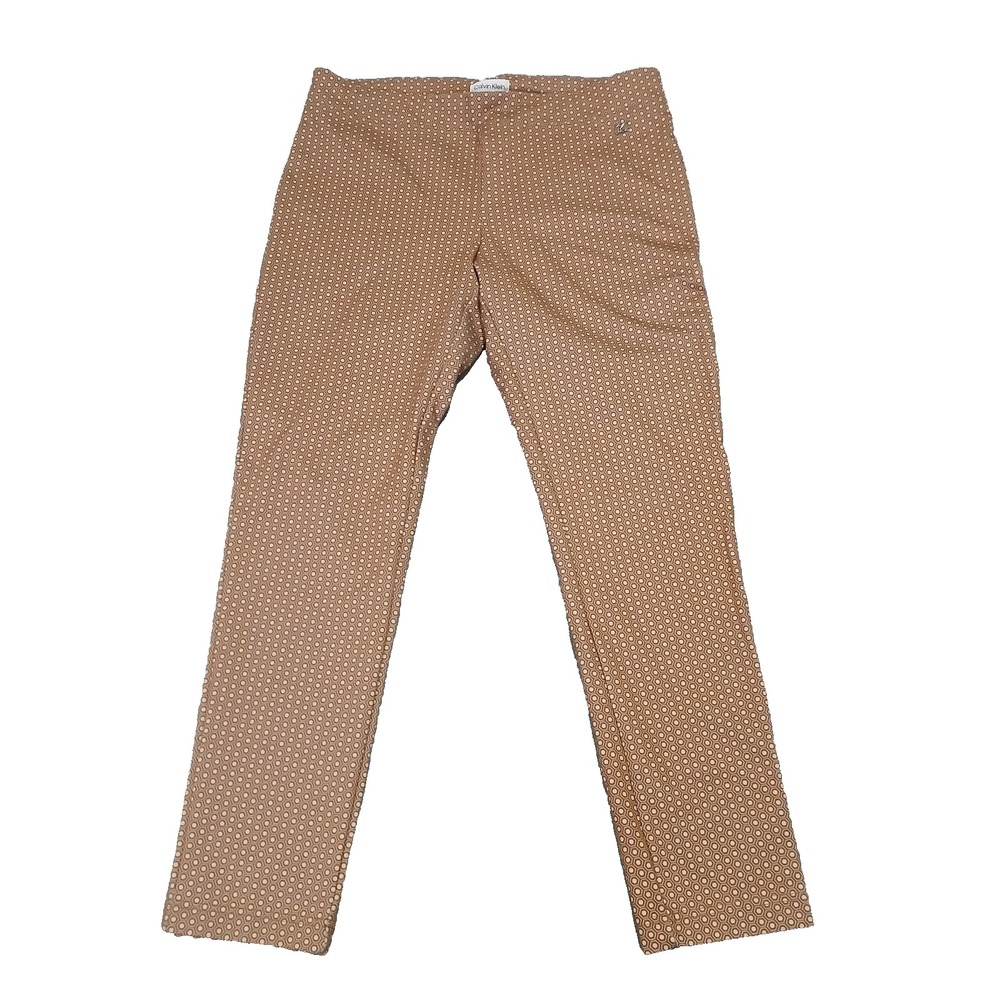 Calvin Klein Womens Stretch Ponte Fitted Pants Pull On Gold Tan Geometric Size L